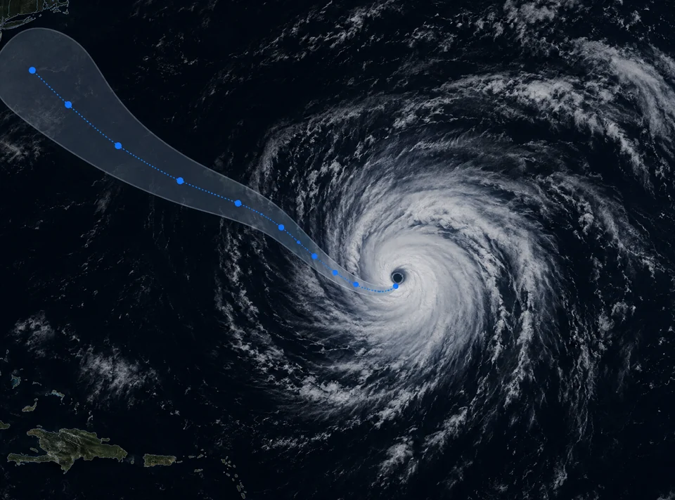 Illustration of a tropical cyclone over a dark ocean map, with a dotted forecast track and a widening uncertainty cone