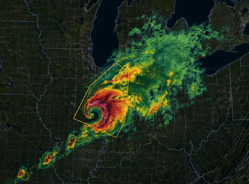 Illustration of a supercell hook echo on a dark radar map, inside an amber warning polygon, with smaller cells trailing