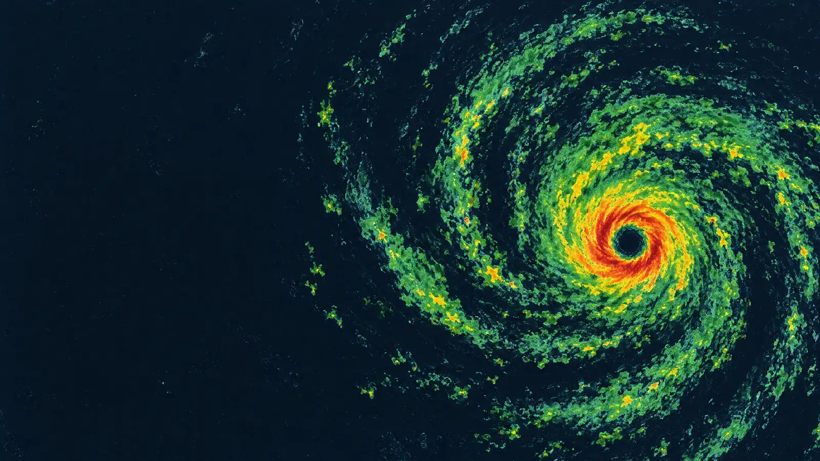 Illustration of a hurricane on a weather radar composite — a green spiral of rainbands over dark ocean with a red eyewall at its center